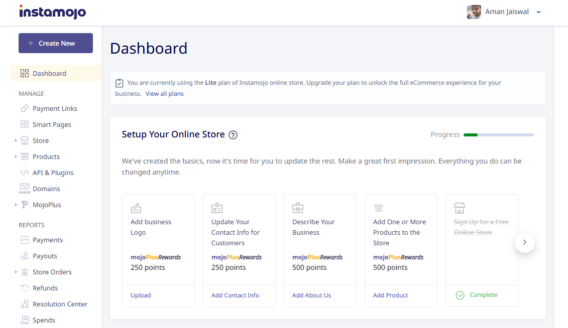 Instamojo dashboard showing main dashboard and gateway settings and transaction overview for integration