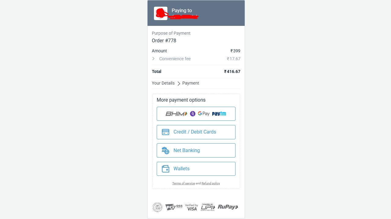 Instamojo payment gateway checkout screen