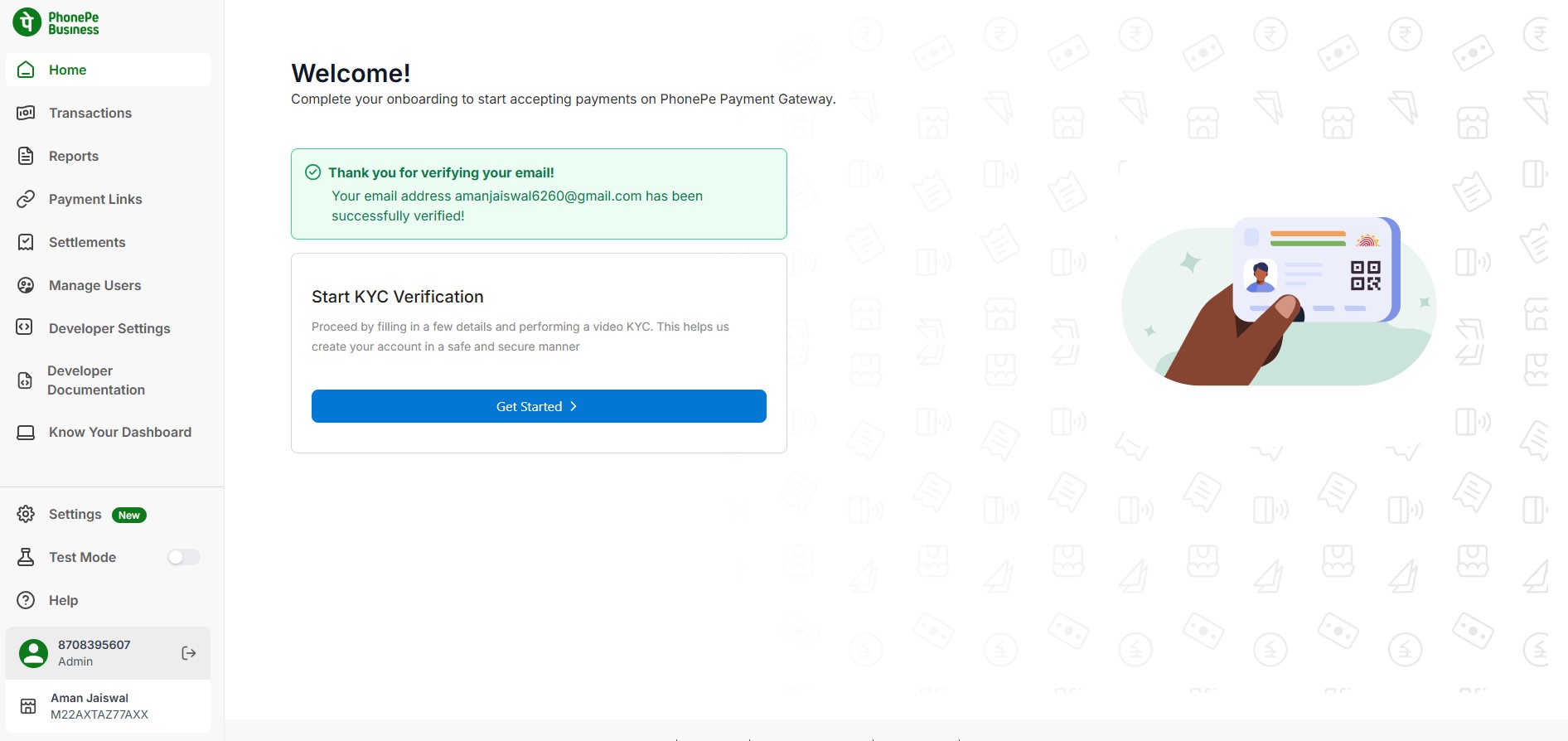 PhonePe business dashboard showing payment gateway settings and transaction overview