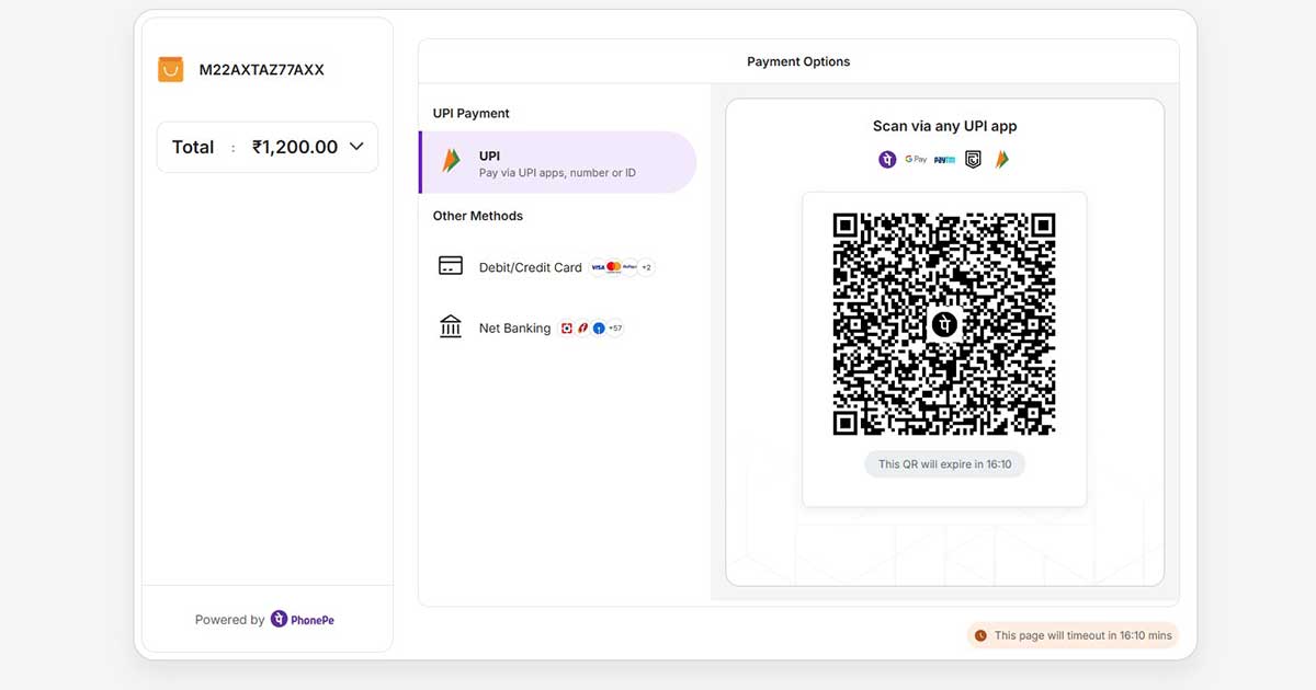 PhonePe payment screen shown to customers during checkout